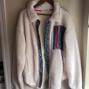 Free Peopl Cream Sherpa Jacket with Patterned Trim